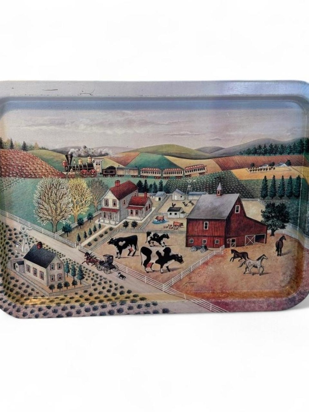 Vintage vandor large metal serving tray with farm scene